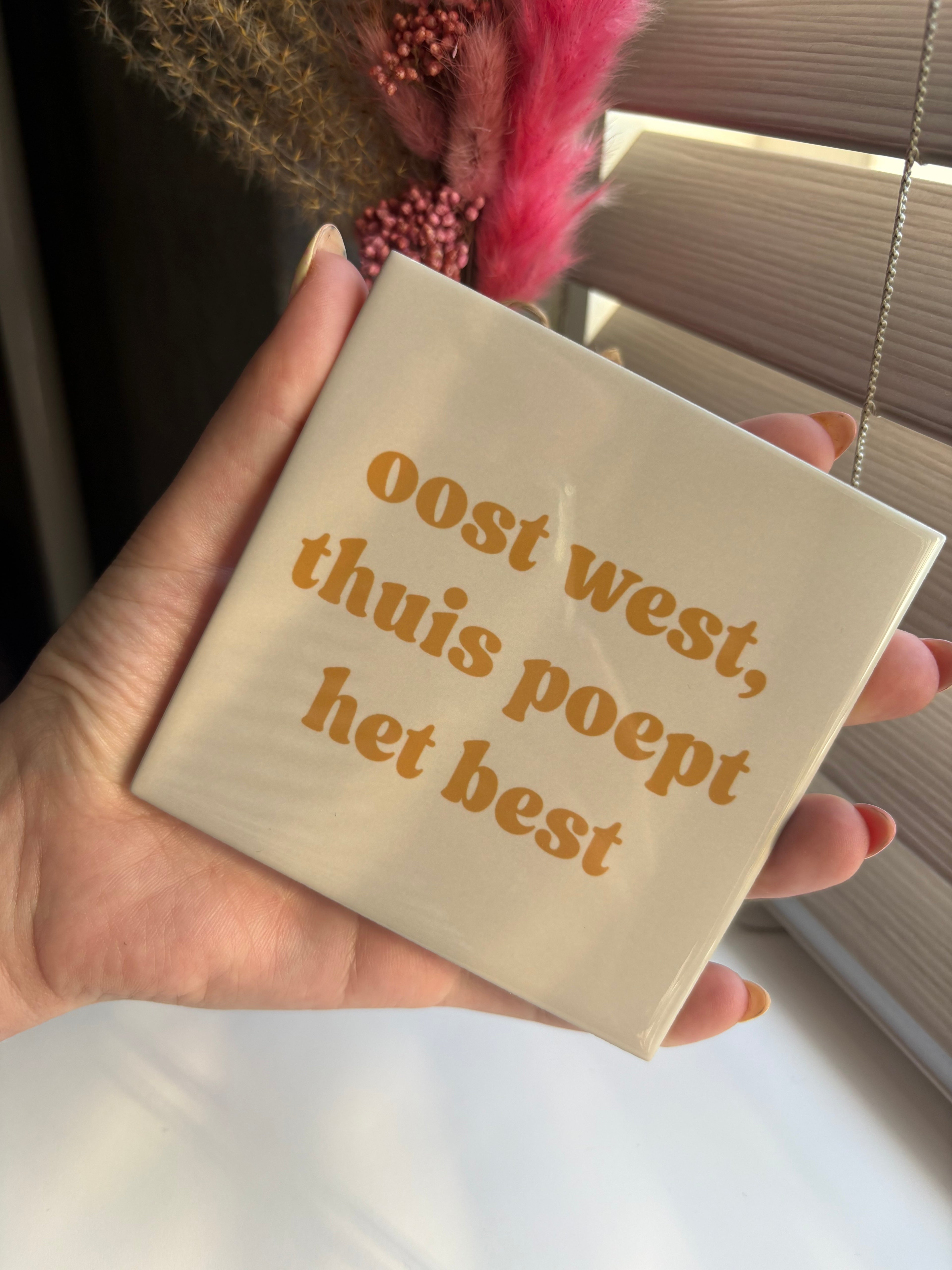 Tegeltje oost west, thuis poept het best (wit/goud)